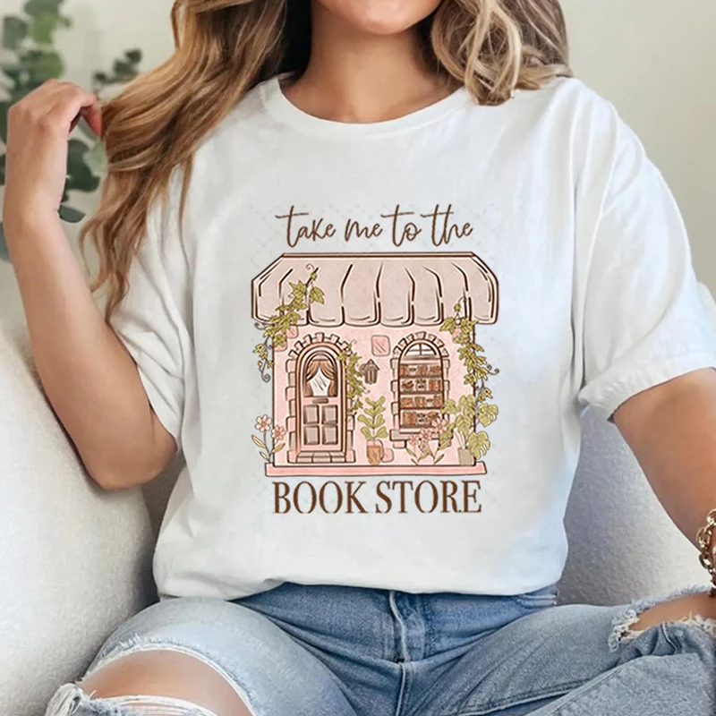 Фото Футболка с рисунком Take Me To The Bookstore, летняя футболка с короткими рукавами для любителей книг, классические удобные футболки в стиле ретро с героями мультфильмов, забавные футболки для чтения №5