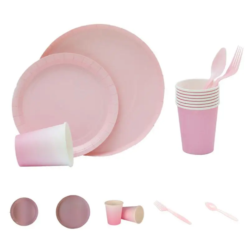 

40 шт./набор, бумажные тарелки, пластиковые вилки и ложки, набор посуды для дня рождения, свадьбы, фестиваля (розовый)