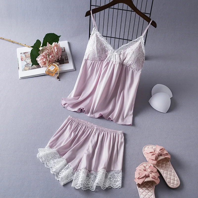 Women 2Pcs Suspenders Shorts Nightwear Pajamas Solid Color Sleepwear Sleep Suit Ice Sik Lace V Neck Home Clothes Loungewear