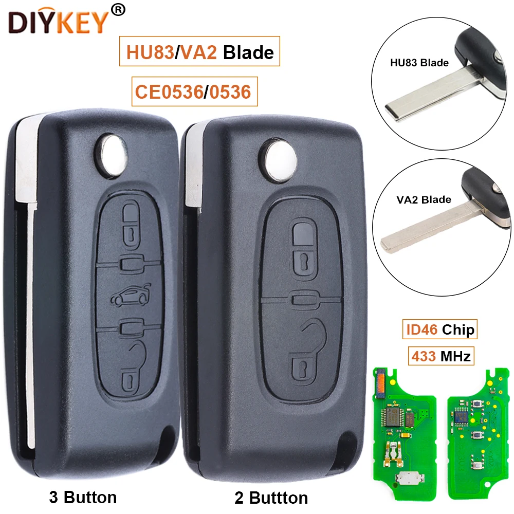

DIYKEY HU83/VA2 Blade CE0536/0536 Flip Remote Key Fob 433MHz ID46 Chip for Peugeot 207 307 308 407 ,for Citroen C2 C3 C4 C5 C6