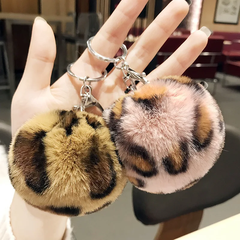 

Creative Rabbit Fur Ball Keychain Pompom Leopard Plush Heart Key Chain Pom Pom Round Ball Trinket Car Keyring Gift Chaveiro