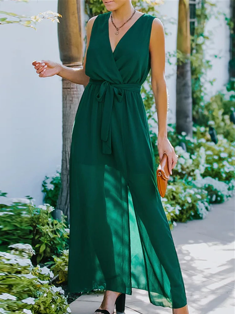 

Fashion Summer Office Lady Chiffon Slit Dress Elegant Simple Sleeveless Wrap Tie-Up Maxi Dresses Sexy Folds V-Neck Party Dresses