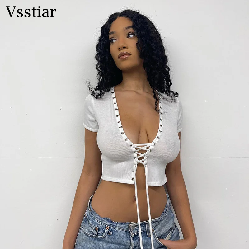 

Женская белая футболка с вырезами Vsstiar, вязаные топы с коротким рукавом и перекрестной цепочкой, черные сексуальные бандажные модные уличны...