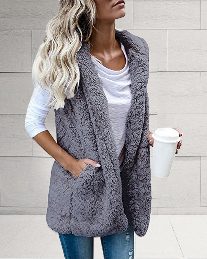 

Winter Coat for Women 2022 Fashion Pocket Detail Fluffy Fleece Hooded Casual Plain Sleeveless Daily Teddy Vest Coat