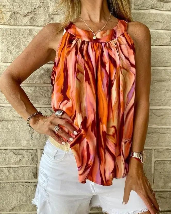 

New Fashion 2023 Summer Casual Sleeveless Marble Print Ruched Casual Tank Top Vacation T-Shirts Pullover Tops