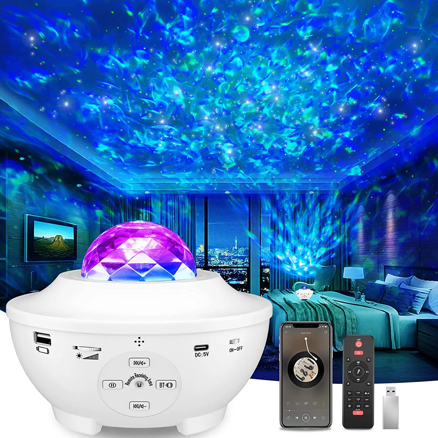 

Projecteur Ciel Etoile, 10 Dynamique Modes Veilleuse Bébé Lumiere, Galaxie Starry LED Lampe avec Timer, Enceinte, Bluetooth, p