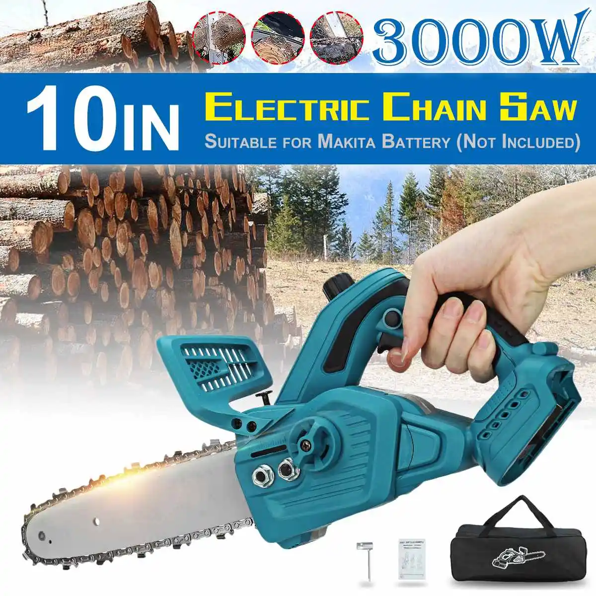 

3000W Brushless Electric Chainsaw 10inch Cordless Garden Logging Power Tool Wood Cutter Tools Rechargeable For Makita Battery