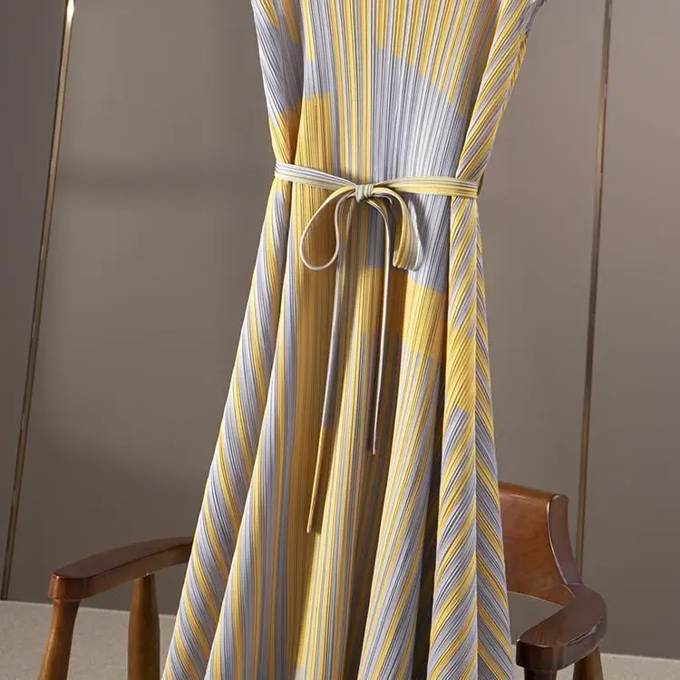 2023 Summer Pleated Dress for Women Elegant Ladies Office Slim Printing Sleeveless Ankle Length A Line Pullover Vestidos M495