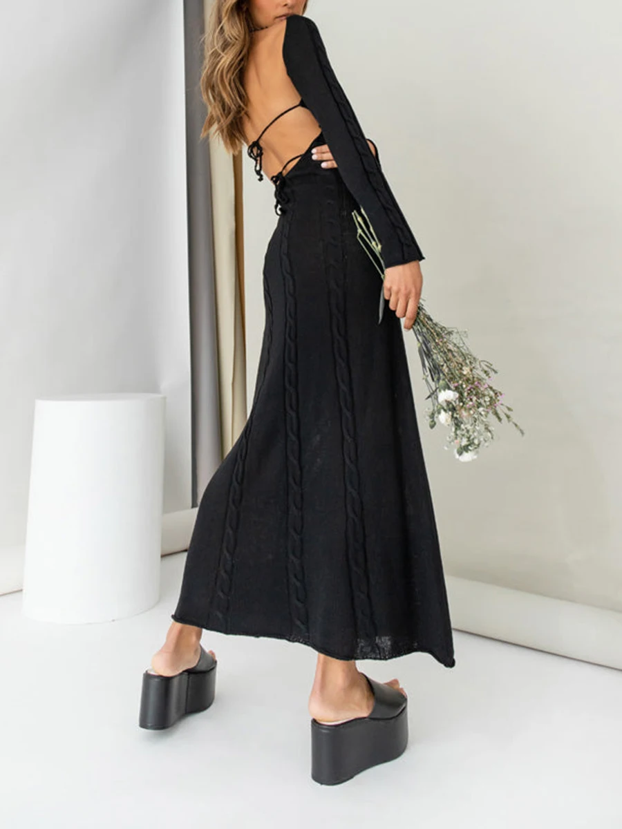 

wsevypo Backless Bandage Cable-knit Long Dress Autumn 2022 Elegant Retro Solid Color Long Sleeve U-neck A-Line Party Dresses