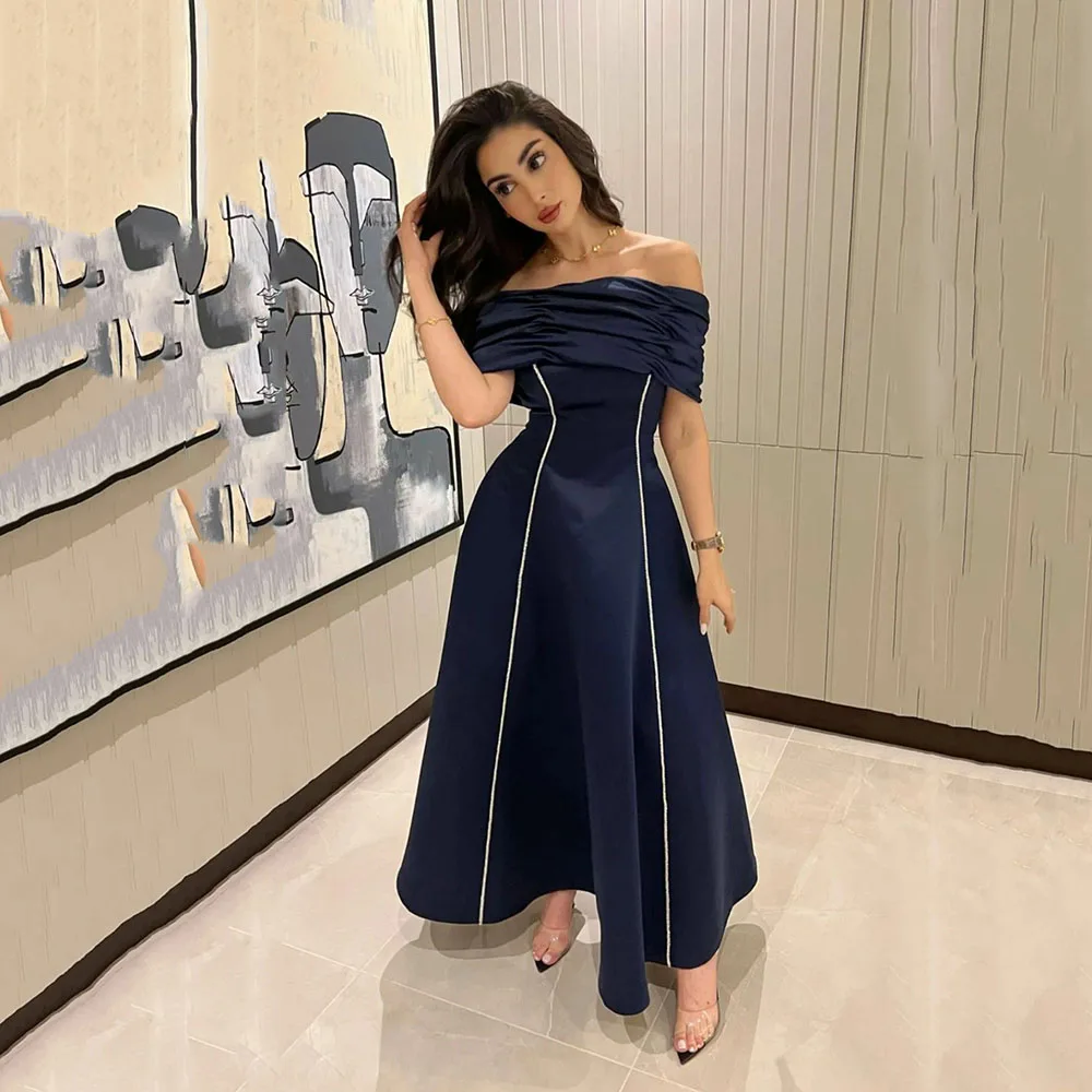 

Msikoods Navy Blue Satin Prom Dresses Off The Shoulder Ankle Length Women Formal Party Dress Pleat Arabic Evening Gown
