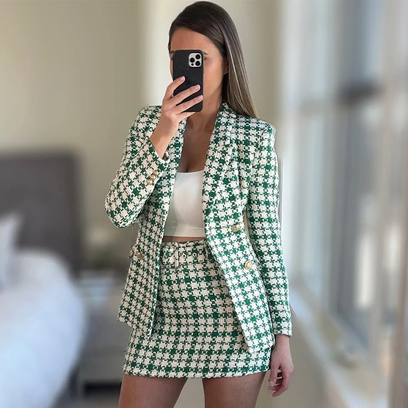 

Ardm Elegant Ofiice Ladies Tweed Plaid V-Neck Blazer Za Coat Long Sleeve Double Breasted Winter Jacket Women Outerwear Chic Tops