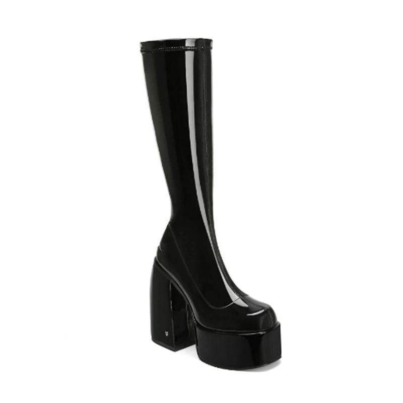 2022 Autumn Winter Outdoor Shoes Boot Fashion Block Heel Shoes Simple Solid Women's Knee High Boots Short Platform