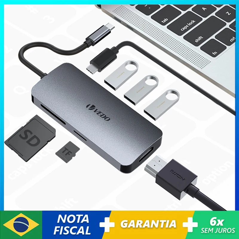 

VEDO 7 in 1 Type C Adapter 100W PD SD/TF Card Reader USB C HUB HDMI 4K For Laptop Adapter PC PD Charge 7 Ports Dock Station