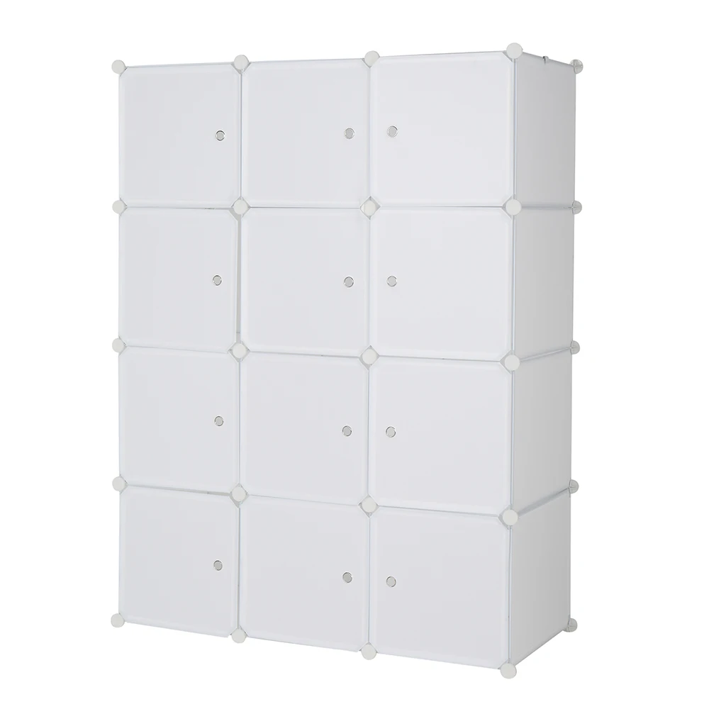 12 Cube Organizer Stackable Plastic Cube Storage Shelves Design Multipurpose Modular Closet Cabinet with 2 Hanging Rod White