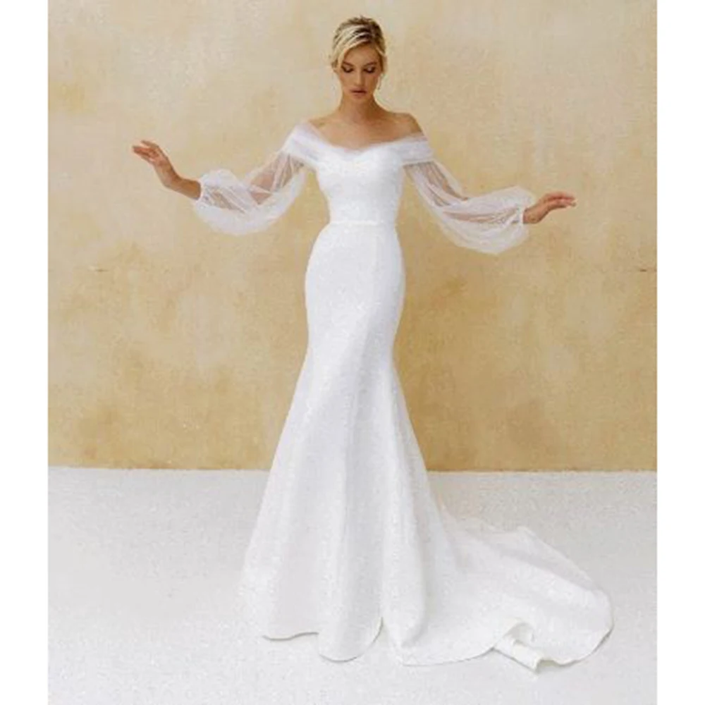 

Off-Shoulder Sexy Puffy Sleeves Wedding Dress Country Satin Sweep Train Bride Gown Robe De Mariée Strapless Wedding Gown