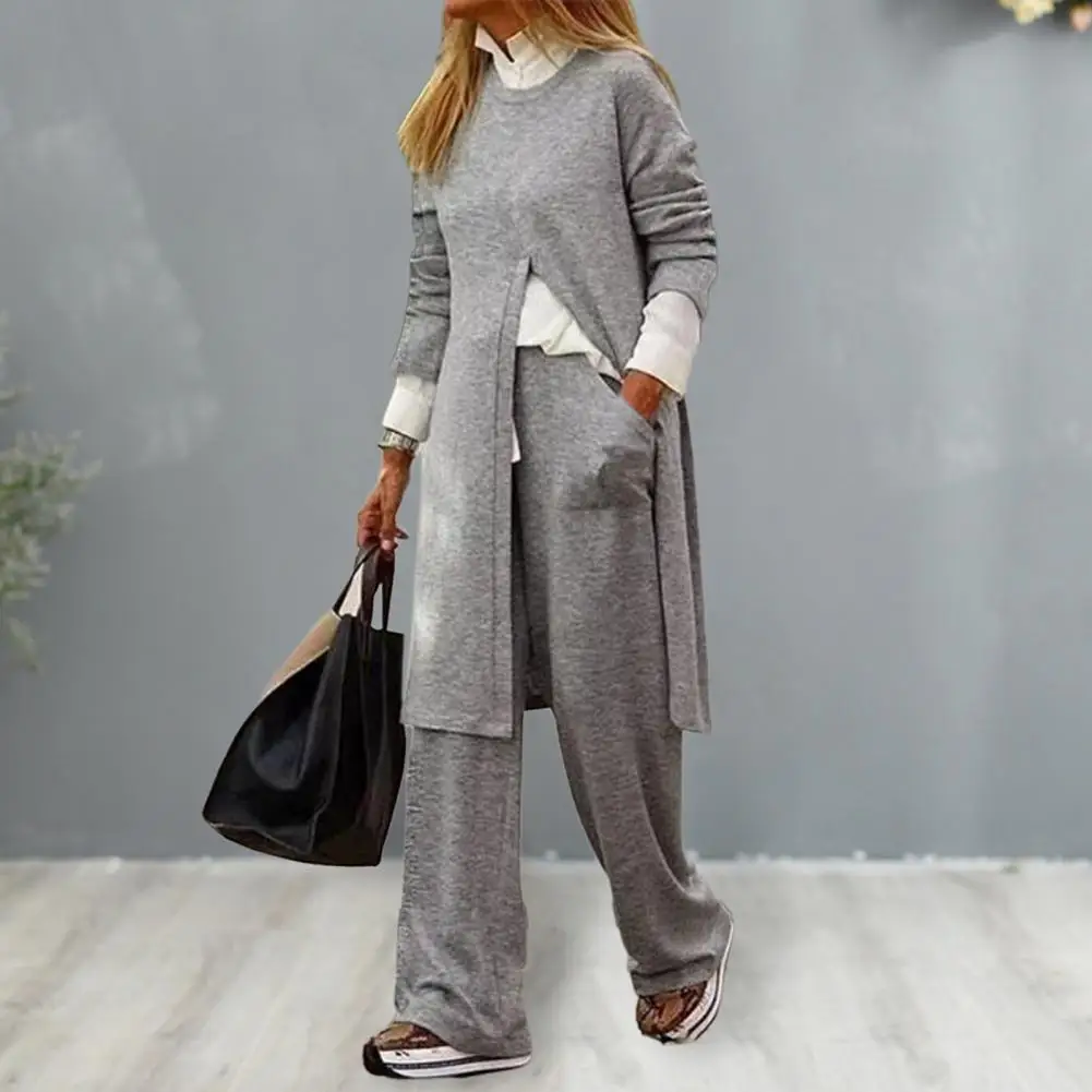 

Удобный женский костюм, стильная женская блузка с разрезом и брюки с широкими штанинами, модная осенне-зимняя верхняя одежда с длинным рукавом и глубоким круглым вырезом