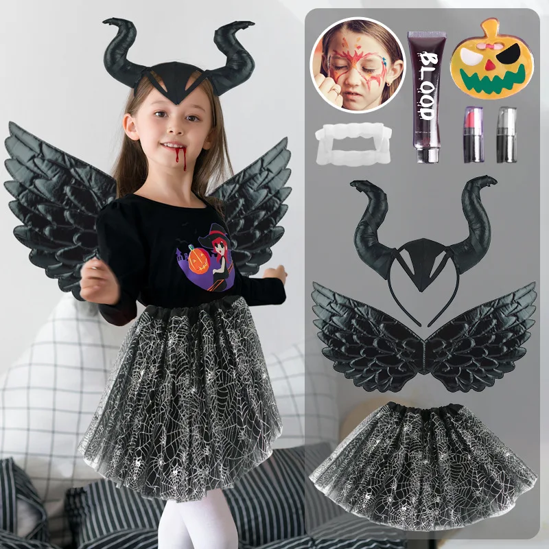 Halloween witch demon black wings cow horn headdress Christmas hair band children's makeup role-playing costumes party supplies
