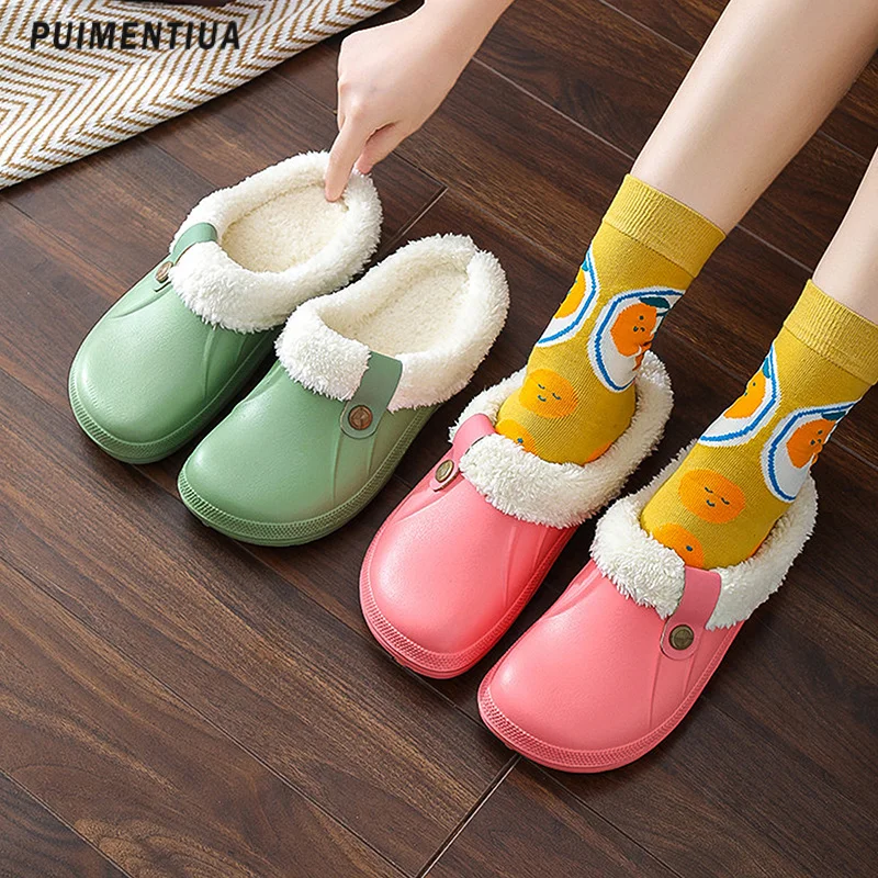 

Women Slippers Autumn Winter Men Warm Slippers Soft Waterproof EVA Plush Slippers Female Clogs Couples Home Indoor Fuzzy Shoes