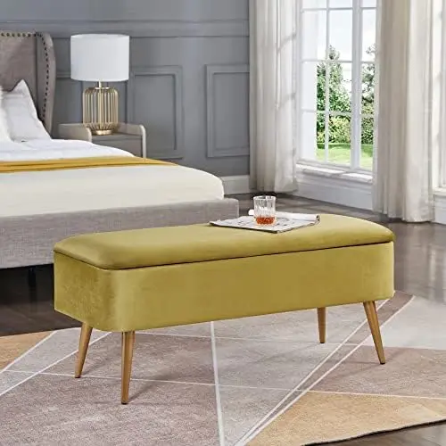 

& Cast Upholstered Velvet Storage Bench 44"W x 16"D x 18"H Rose,Golden Powder Coating Legs Set of 1