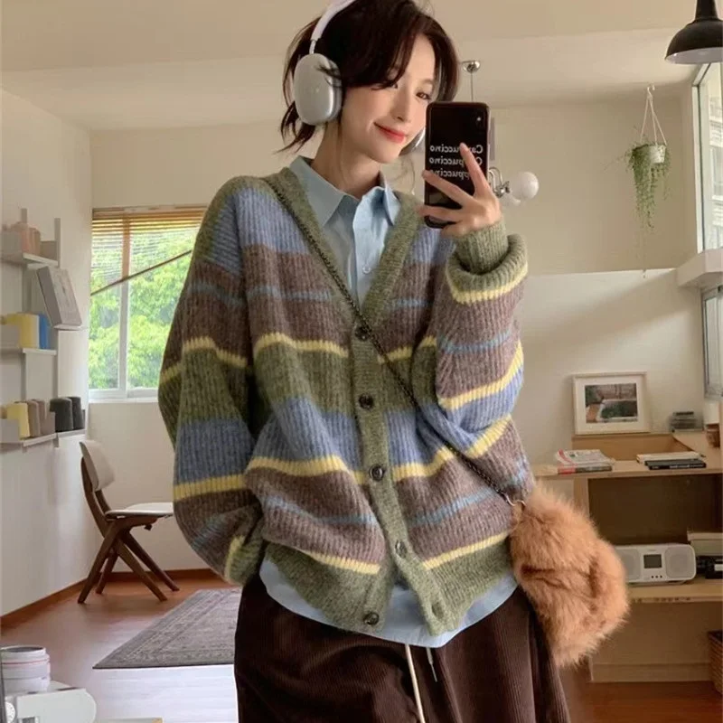 

Limiguyue Spring Autumn Knit Wool Cardigan Women Stripe Contrast Color Mohair Sweater Jacket Warm V Neck Coat Knitwear U921