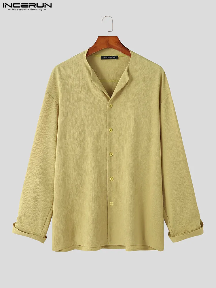 Korean Style New Men's Wrinkled Textured V-neck Blouse Casual Streetwear Male Long-sleeved Button Shirts S-5XL INCERUN Tops 2022