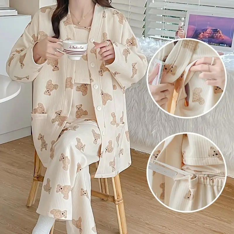 Cotton Maternity Nursing Sleepwear Spring Autumn Breastfeeding Pajamas Suit For Pregnant Women Pregnancy Nightwear 3Pcs Set