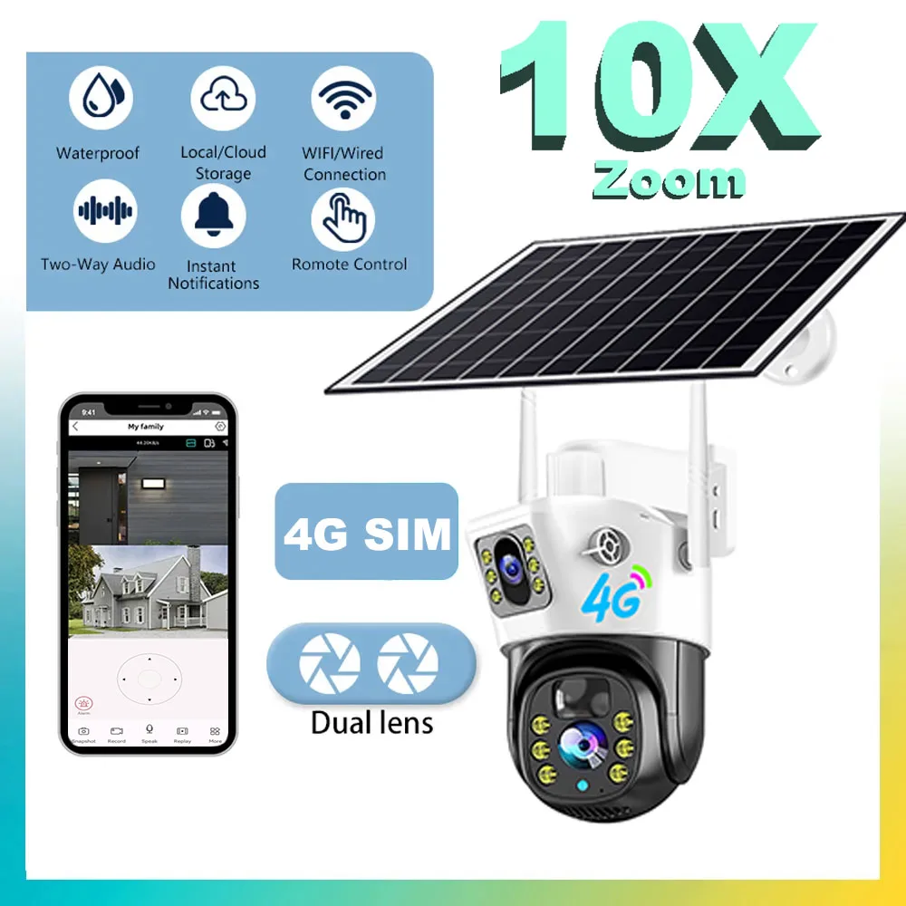 

4MP Dual Lens 10X Zoom 4G Sim Solar Security Camera Outdoor Waterproof PIR Human Detection Solar Powered Panel PTZ CCTV Kamera