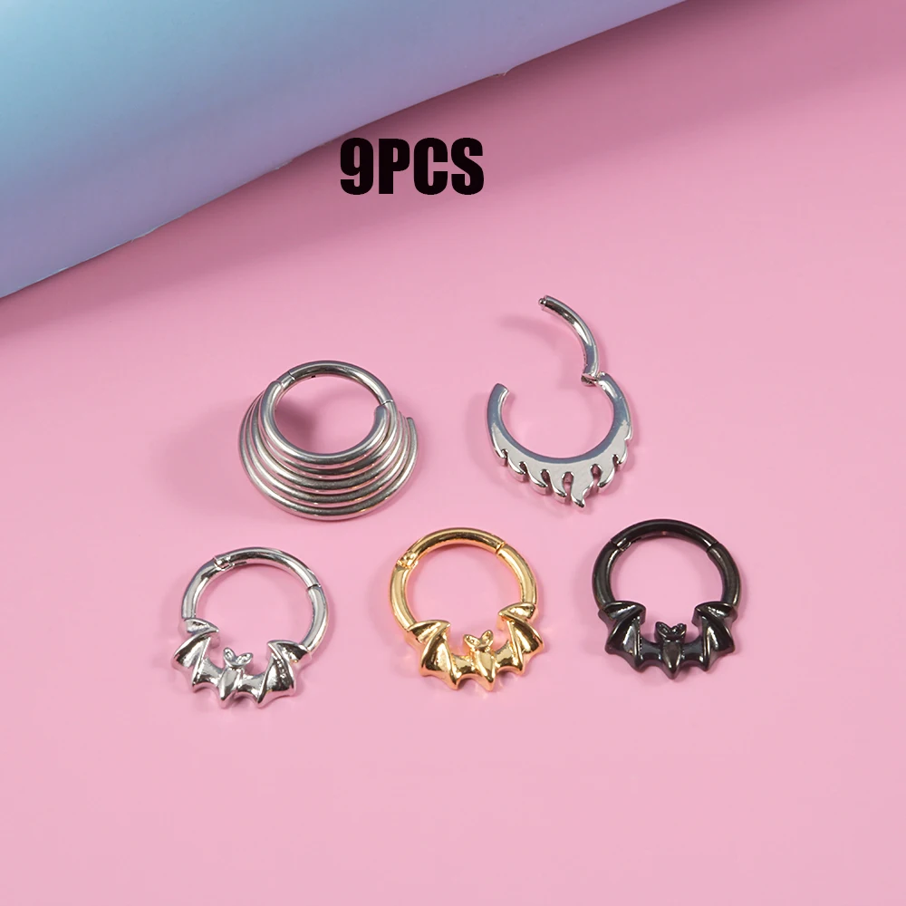 

9PC Surgica Steel Bat Septum Piercing Hinged Segment Nose Ring Septum Clicker Cartilage Tragus Clicker Body Piercing Jewelry 16G