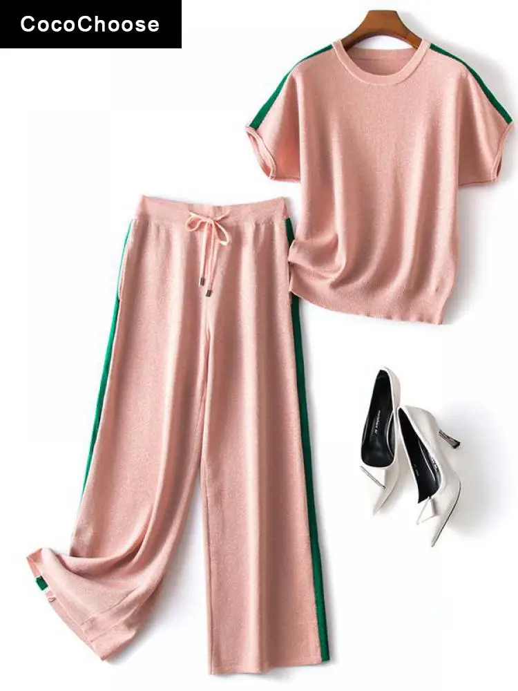 

Fashion Summer Top and Pants Sets Womens Outfits 2022 Color Block Striped Sweater Lurex Knitted Suits Casual Two Piece Tracksuit