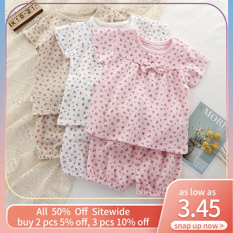

Summer Baby Girl Clothes Cute Bow Flower Print Toddler Short Sleeve T shirt Tops Shorts Two Pieces Set Infant Casual Outfit 1-3Y