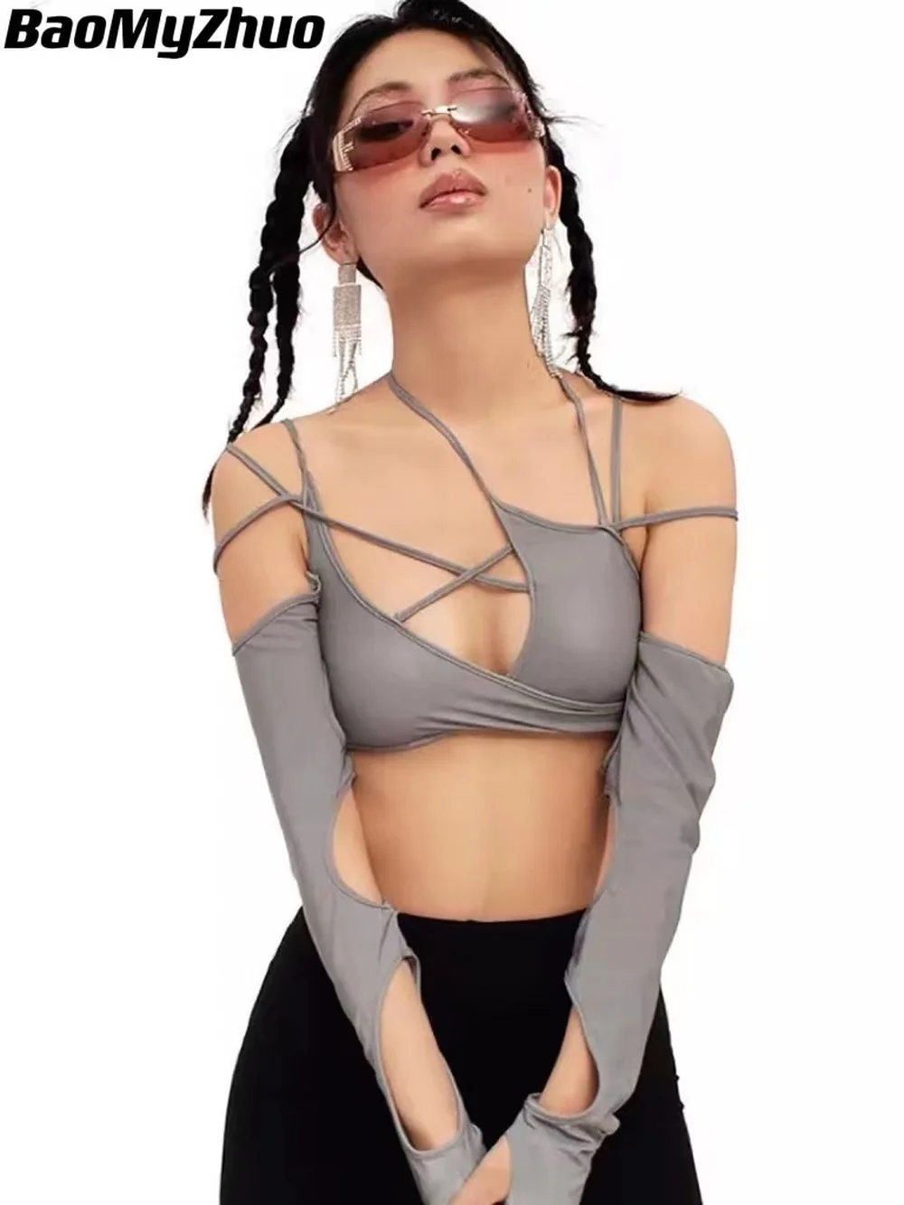 Женская футболка с длинным рукавом готический укороченный топ вырезами и лямкой