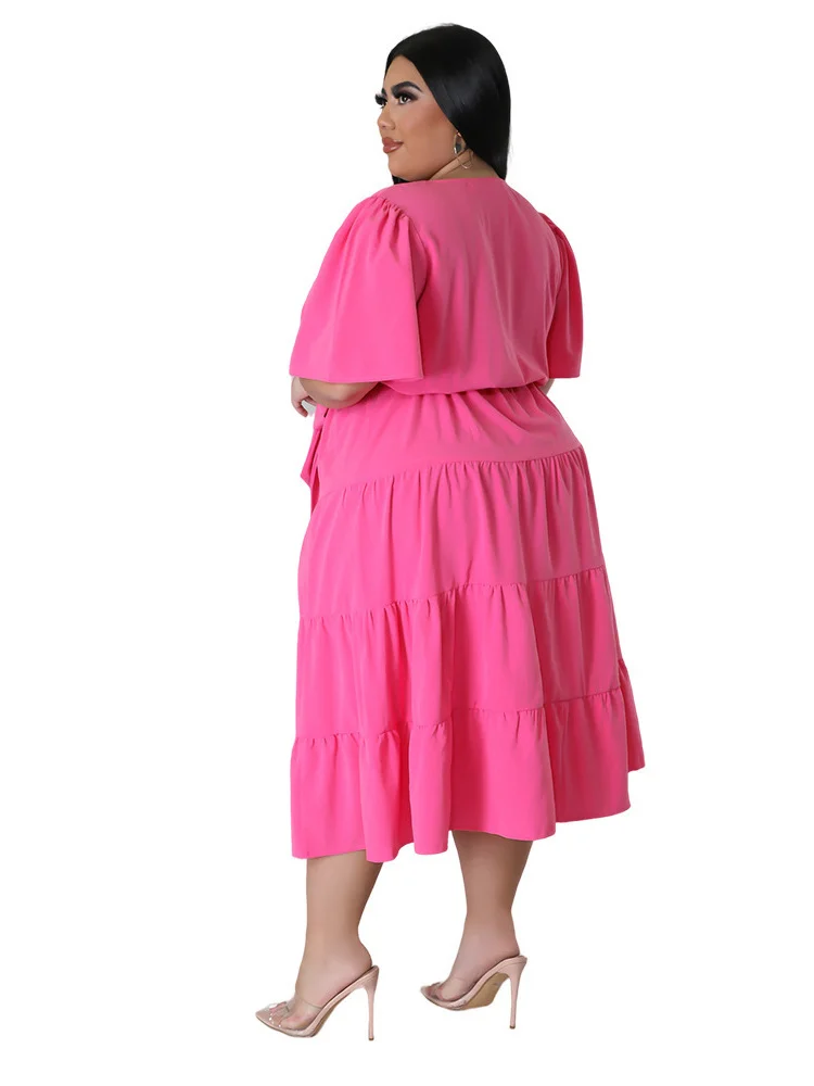 Plus Size Dresses for Women v Neck New in Summer Clothes Solid Elegant with Bandage Maxi Dress Wholesa 3xl 4xl 5xl 6xl