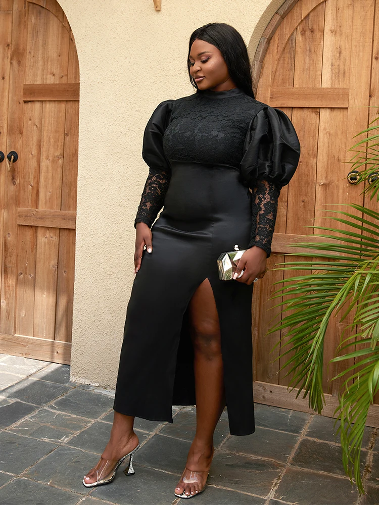 AOMEI Plus Size Black Party Long Dresses High Slit Women Lace Patchwork Elegant Evening Stand Neck Lantern Sleeves Robes 4XL New
