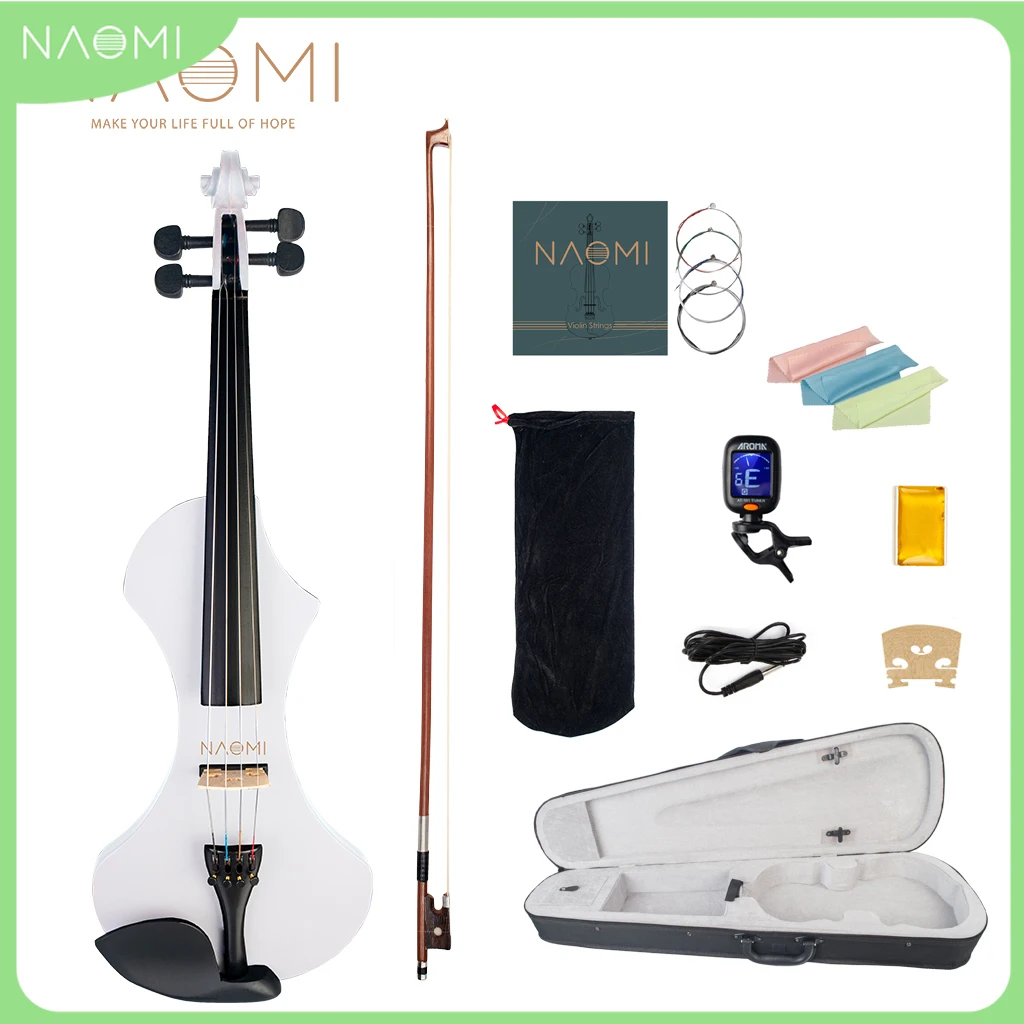 NAOMI Electric Violin 4/4 Matte White Full Size Solid Wood Electronic/Silent Violin Set w/ Bow+Case+Tuner+Bridge+Violin Strings