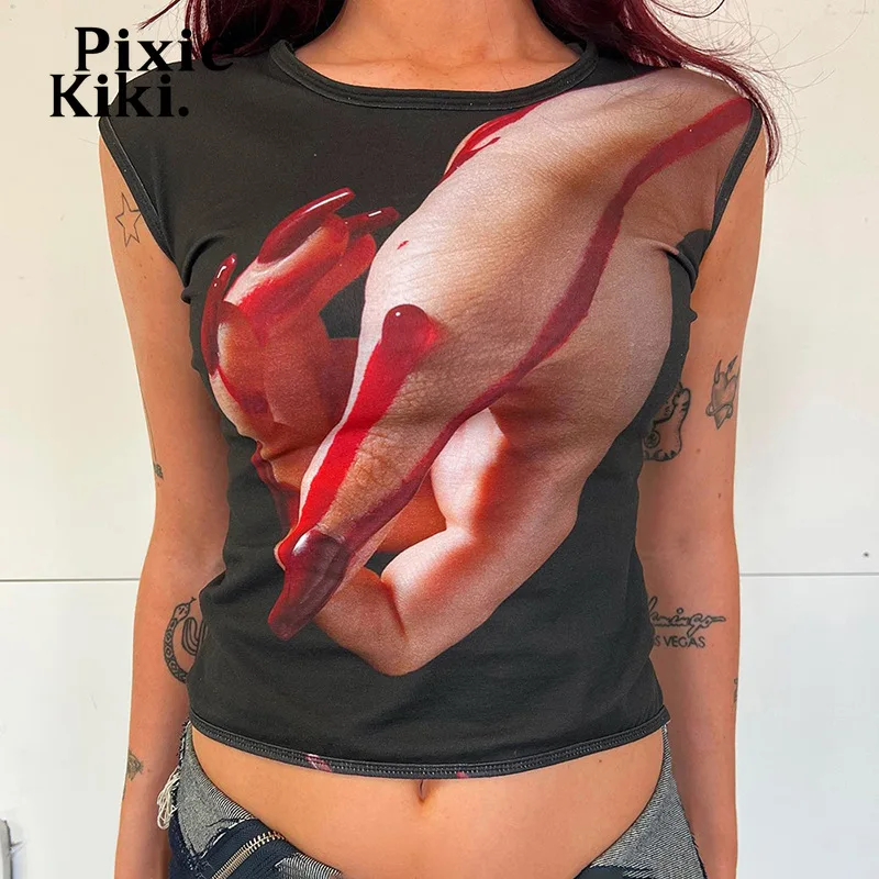 

PixieKiki 3d Print Graphic Tee Gothic Gurnge Y2k Clothes Sleeveless Crop Top Black Tshirts for Women Street Fashion P85-AF10