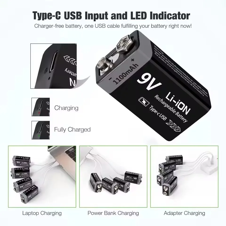 Фото 20 шт. 9 В аккумуляторная батарея 1100 мАч USB Type-C 6F22 9 В литиевая батарея для радиоуправляемой модели вертолета мультиметра игрушечная электрогитара №2