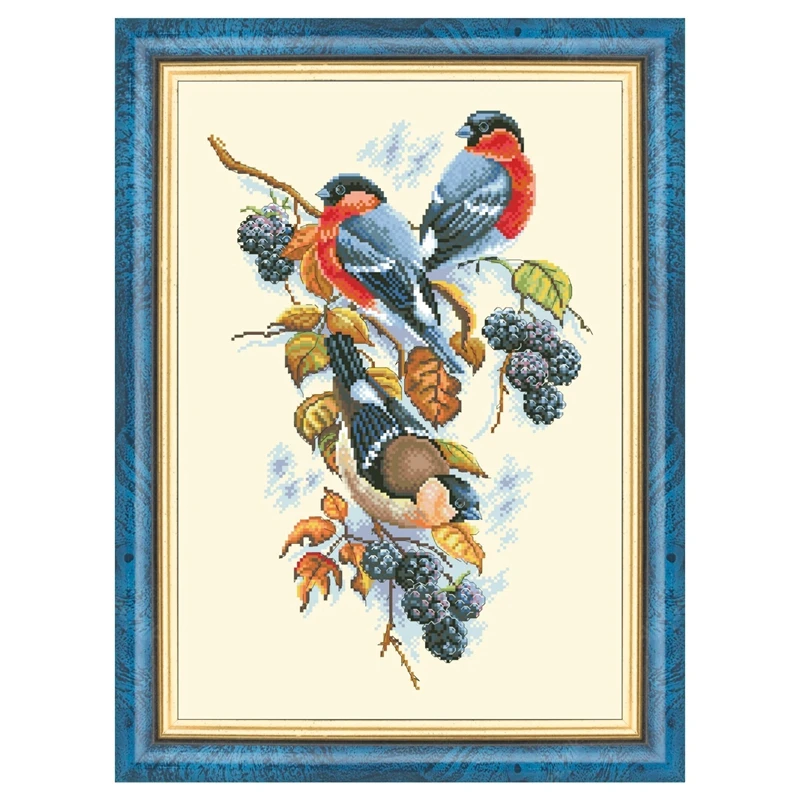 Red bellies Magpies and blackberries cross stitch kit cotton silk thread aida 14ct 11ct light yellow canvas stitches embroidery