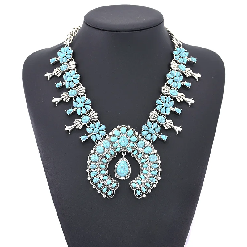 

6 Color European And American Brand Fashion Jewellery Bohemian Turquoise Flower Pendant Alloy Necklace For Women