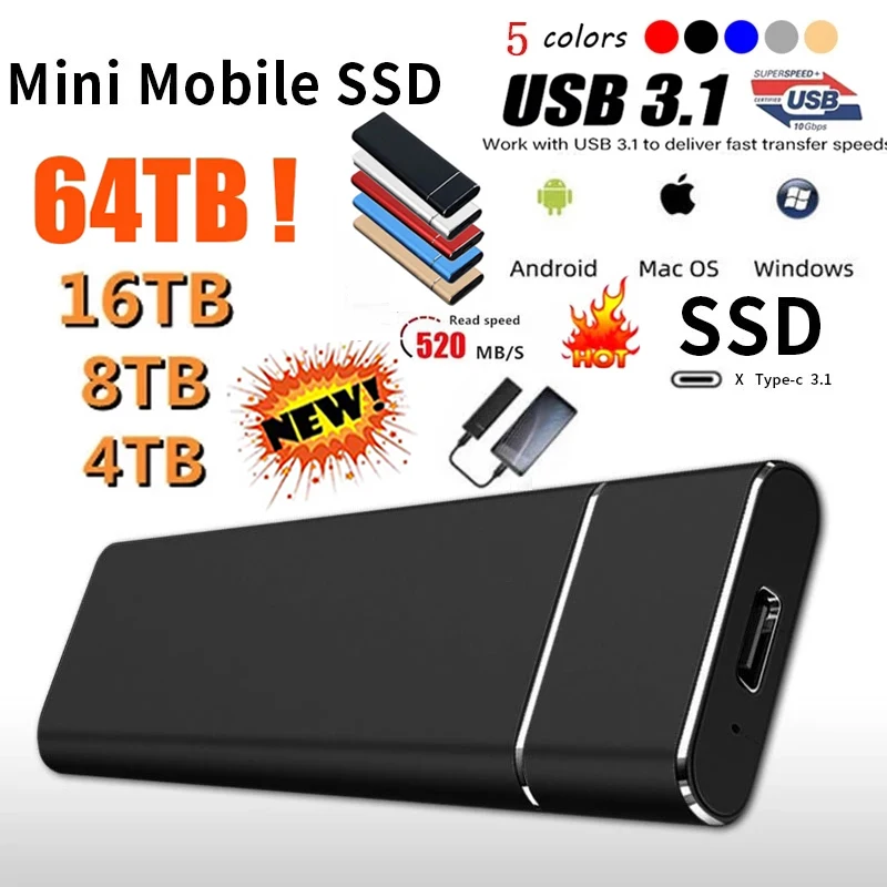 

HD External 2TB Portable SSD 1TB Hard Drive 4TB 8TB USB3.1 Type-C SSD External Hard Drive High Speed Storage Decives For Laptops