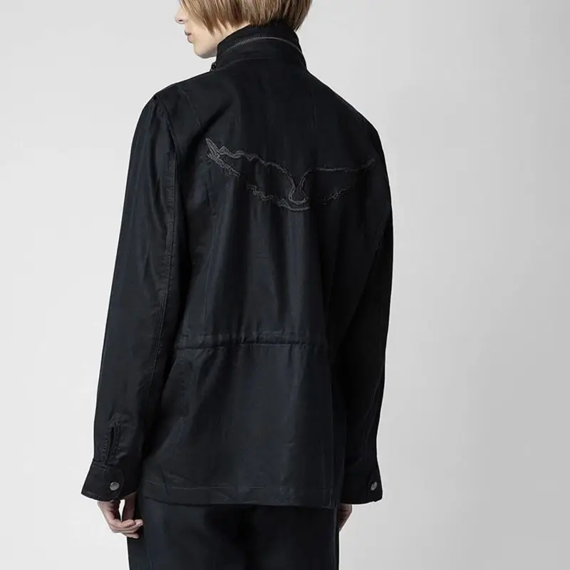 

Black Coat Women's Spring and Autumn New Design Back Wing Embroidered High Neck Zipper Belt Black Casual Top Sportswear