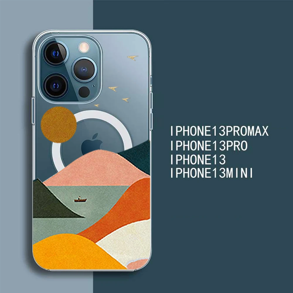 

Super Magnetic MagSafe Retro Mountain Sunrise Design Phone Case for Iphone 13 12 Pro Max Mini Snow mountain landscape painting