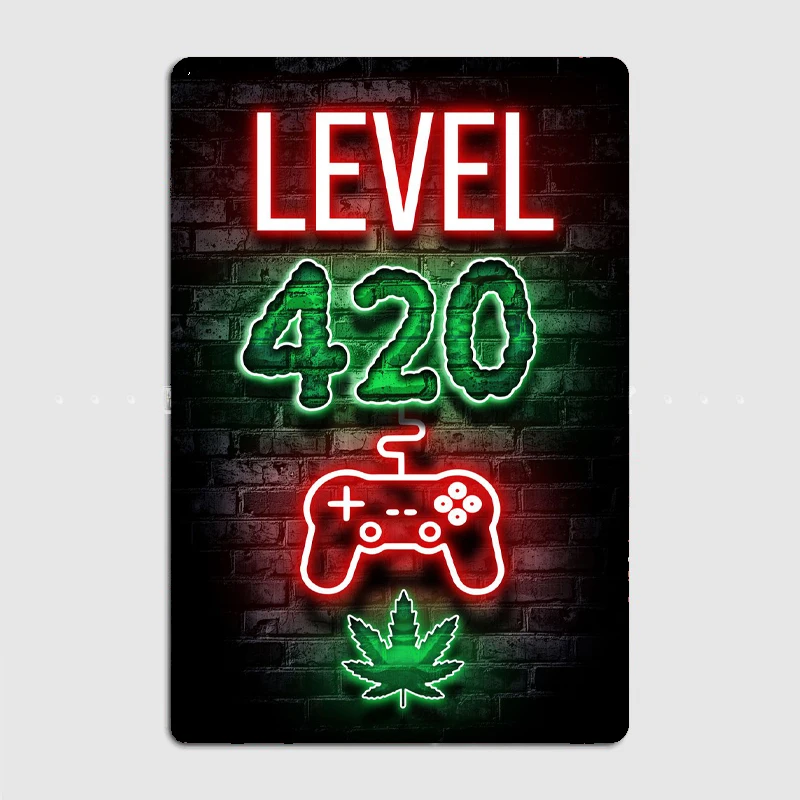 

Level 420 High Gaming Weed Metal Plaque Club Home Club Funny Wall Decor Tin Sign Poster