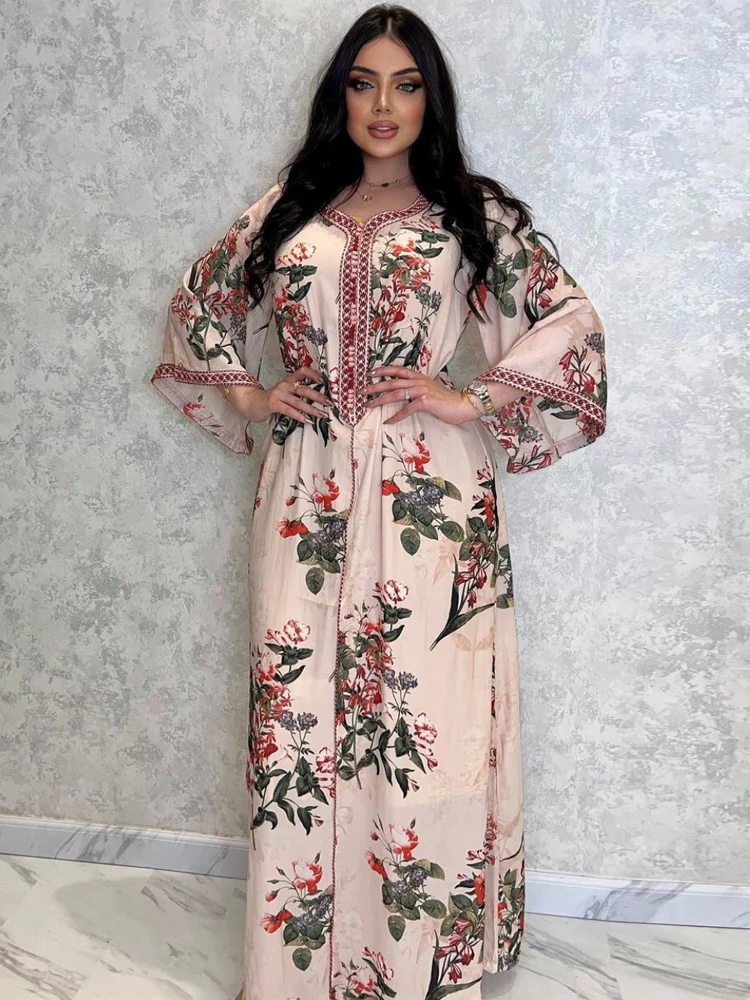 

MD Muslim Kaftan Abaya Dress Kimono Women Dubai Turkish Long Sleeve Maxi Robe Floral Print Bohemian Boubou Djellaba Femme Outfit