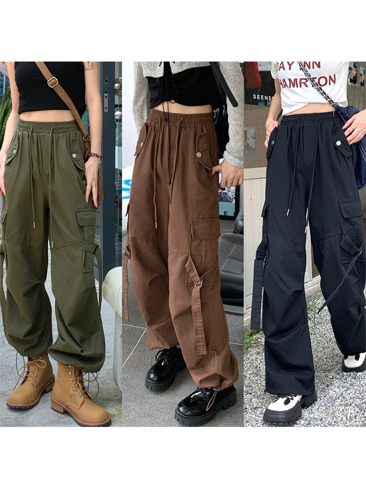 Брюки-карго в стиле Харадзюку с карманами Свободные повседневные Широкие штаны