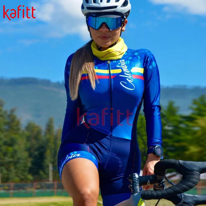 

Новинка 2021, женская спортивная одежда Calfette для триатлона, одежда для велоспорта с длинными рукавами, яркий синий костюм, сексуальный облегающий велосипедный комбинезон