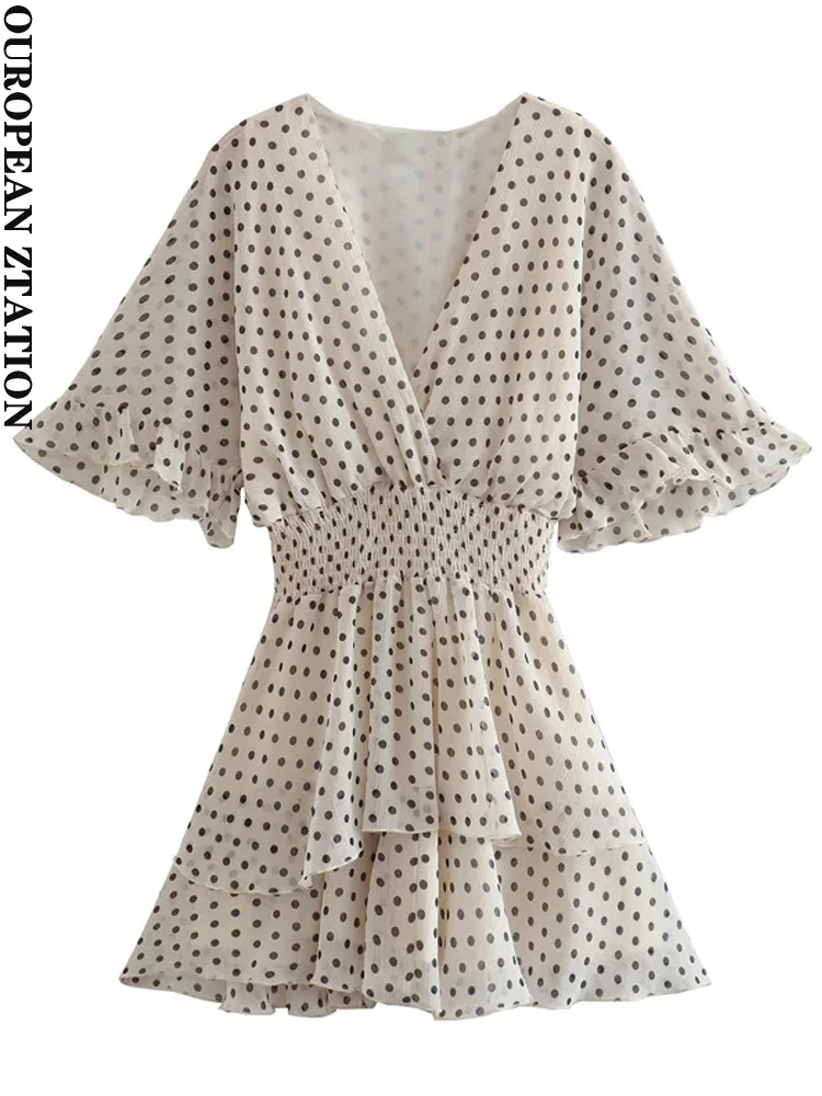 

PAILETE Women 2022 fashion with ruffled polka dot mini dress vintage short sleeves elastic waist female dresses vestidos mujer