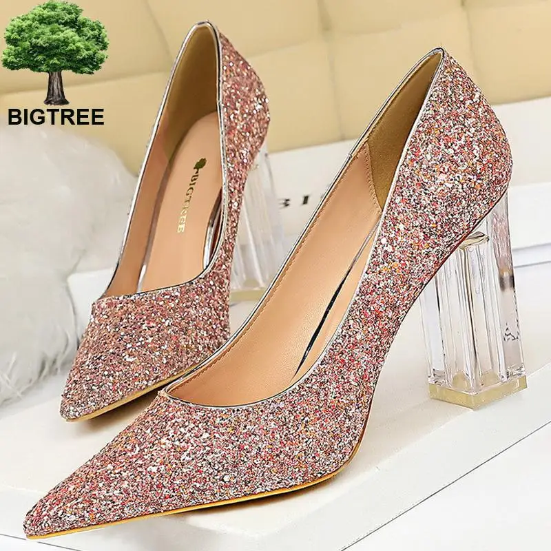 Туфли Bigtree женские на прозрачном каблуке свадебные туфли-лодочки с блестками