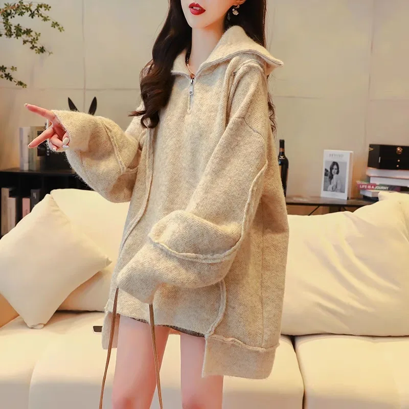 Женский вязаный свитер-водолазка [EWQ] свободный плотный теплый джемпер-водолазка