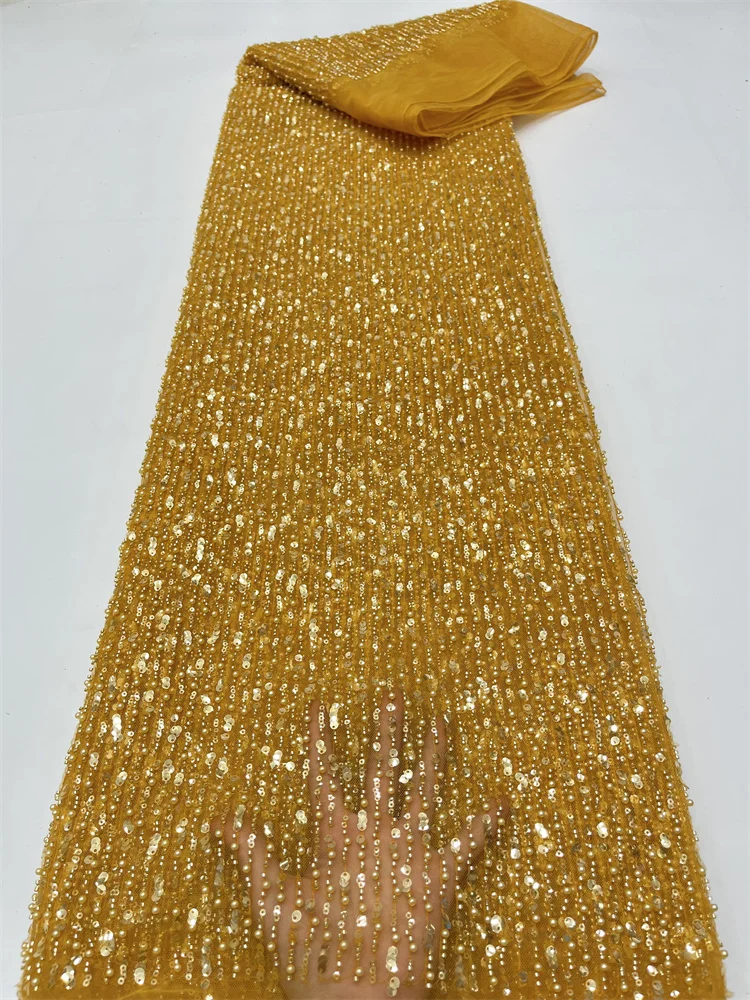 

Nigerian GOLD Lace Fabric For Wedding 2023 Luxury Groom Beaded Bridal Fabrics African Sequins Tulle Lace Fabric