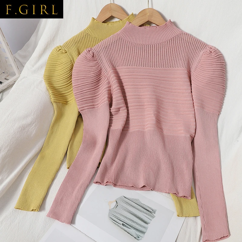 

F GIRLS Gagaok Women Vintage Korean Sweaters 2020 Spring Autumn New Solid Turtleneck Puff Sleeve Short Slim Simple Wild K4086